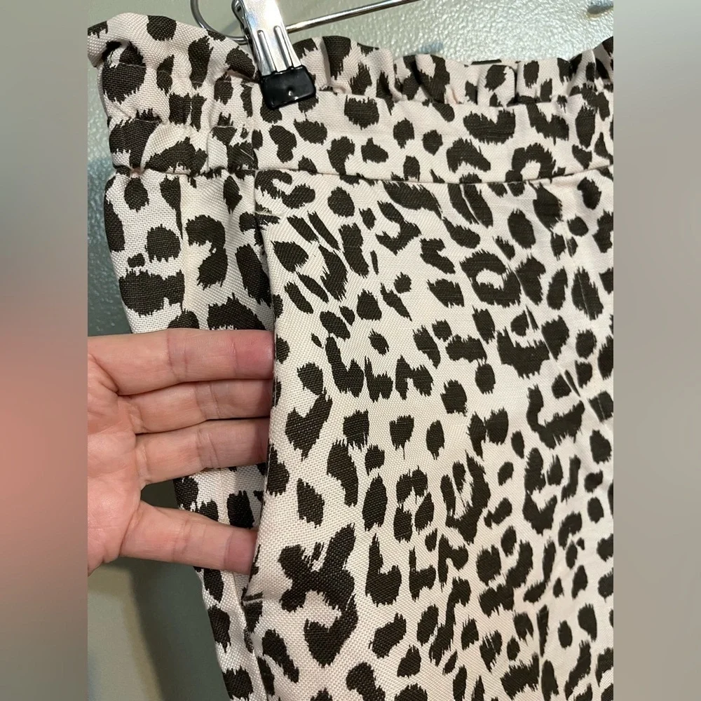 J Crew Womens Leopard Print Crop Ankle Pants Linen Bland Ruffed Waist Size 14